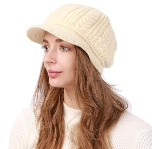 AIDIER Damen Winter Warme Strickmütze mit Visier Krempe Baskenmütze mit Weichem Dickes Gefütterte Klassisch Gehäkelte Mütze Frauen Strick Ballonmütze Slouchy Wintermütze Fleece Mütze für Damen