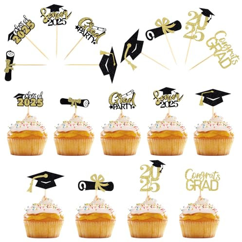 22 Stück Graduation Cupcake Toppers, 2025 Glitzer Abschluss Tortendeko, Bachelor Hut Graduation Kuchen Dekoration, Graduation Deko Torte für 2025 Abschluss Kuchen Partyzubehör
