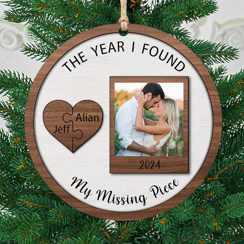 Personalized Photo The Year I Found My Missing Piece Couple 2-Layered Wooden Christmas Ornament,Custom Mr and Mrs Newly Wed Hanging Decorations,Xmas Gift Boyfriend Girlfriend Wife Husband