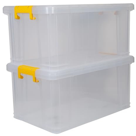 STRATA Stack Master Storage Box 70Litre Durable clear Plastic Design, Stackable & Lockable Yellow Handle - Ideal Storage Box for Home & Office Organization(31 H x 44 W x 71 L)(Set of 2)