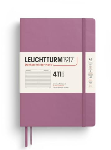 LEUCHTTURM1917 372923 Notebook 411 Medium (A5), Hardcover, 411 Numbered Pages, Dusty Rose, Ruled, More Thoughts, More Ideas, More Memories, More Pages | 411 numbered pages, 80gsm paper, thread binding, acid free, 4 elegant colours, for heavy writers