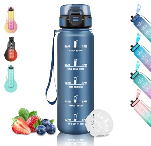 Gourde 1l, Gourde Sport, Gourde Graduée pour 1 Journee, Facile à Nettoyer, Gourde Reutilisable avec Marqueur de Temps, Gourde Adulte anti Fuite, pour Camping, Randonnée, Yoga, Running, Bleu Marine