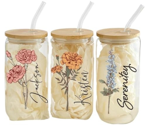 Tasses en verre personnalisées avec couvercles et pailles, tasse à café en verre personnalisée, pour la fête des mères, un mariage, un anniversaire, verres à café glacé (14,5 x 7 cm)