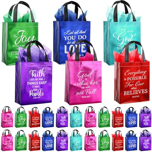 Tellingyou 24 Stück christliche religiöse Geschenktüten 20,3 x 10,2 x 25,4 cm Bibelvers wiederverwendbare Geschenktüten mit Taschentüchern für Taufe Ostern Weihnachten Hochzeit Geburtstag
