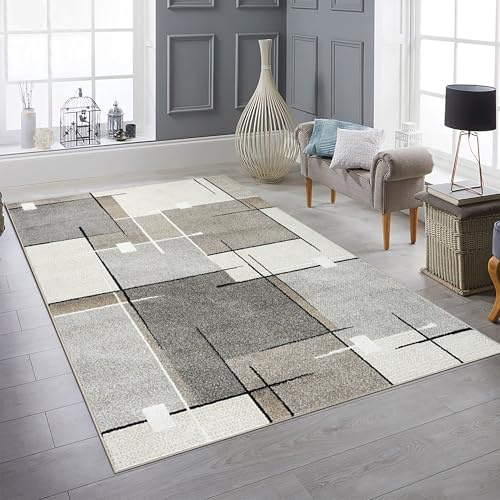Teppich-Traum Kurzflor Teppich Geometrisches Muster Creme Grau 240x330 cm | Weich, pflegeleicht, formstabil, strapazierfähig, allergikerfreundlich, für Fußbodenheizung, Wohn- & Esszimmer