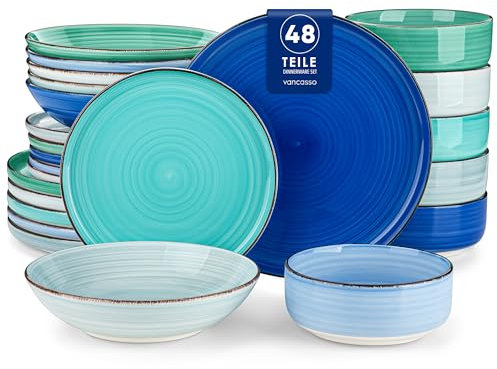 Geschirrset 12 Personen, vancasso Bonita 48-tlg Tafelservice aus Steingut, Teller set modern, Schüssel- und Teller Set