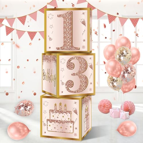 Guiruiy 3Pcs 13th Birthday Decorations Balloon Gift Boxes for Girls | Pink Rose Gold Thirteen Year Old Happy 13 Birthday Balloons Paper Cardboard Boxes Funny Photo Booth Props Party Supplies