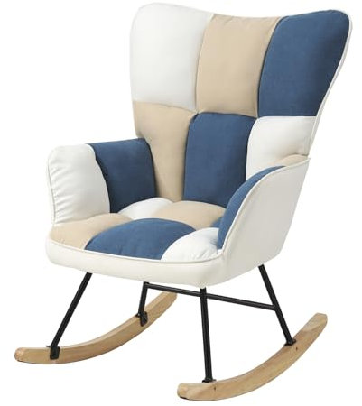 HaiYiZuhause Schaukelstuhl, Bequemer Stillsessel & Lesesessel, Relaxstuhl mit hoher Rückenlehne für Wohnzimmer, Schlafzimmer, Balkon oder Kinderzimmer, Moderner Schaukelsessel (Blau, Weiß, Khaki)