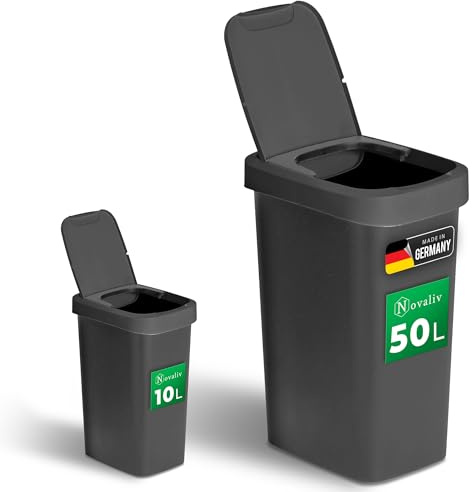 Novaliv Abfalleimer-Set 10L + 50L, Mülleimer mit 2in1 Deckel, Klappdeckel & Schwingdeckel, Anti-Geruch Mülleimer für Küche Haushalt Büro, Müll Eimer Abfall Trash Kunststoff Abfallbehälter