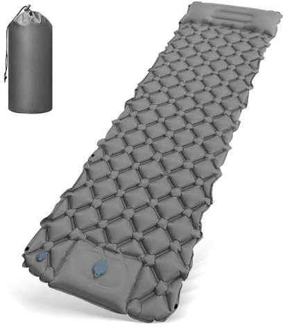 HyAdierTech Materassino da Campeggio, Materasso Gonfiabile Singolo Ultraleggero, Portatile Materassino Campeggio Autogonfiante con Cuscino Pompa a Pedale per Campeggio Spiaggia Escursionismo (Grigio)