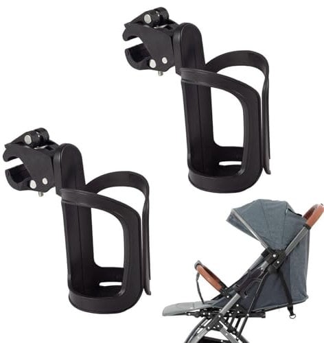 Pram Cup Holder – 2pcs Universal Stroller Cup Holder, 360° Rotating Cup Holders for Pram, Large Caliber Clamp-On Buggy Drink Holder for Bike, Wheelchair, Walker, Scooter, Trolley, Pushchair