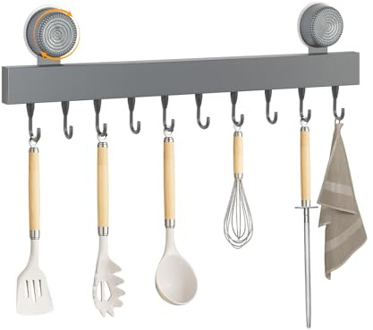 Sampoes Hakenleiste Küche Ohne Bohren 50cm Küchenhaken mit Saugnapf 10Haken | Küchenhalterung aus Kohlenstoffstahl, 20 kg Tragfähigkeit, Küchenstange Selbstklebend für Küchenutensilien, Badezimmer, Grau
