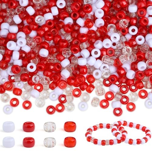 GUJOXILA 1000 Stück Rot und Weiß Pony Perlen mit Zum Auffädeln Große Loch | 6x9mm Kandi Beads Bastelperlen Rote Pony Beads Perlen Set für Valentinstag Muttertag Basteln Armbänder Halsketten