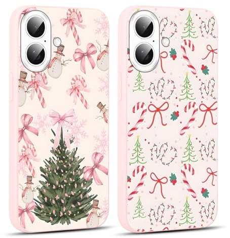 Krdvekm 2 Stück Weihnachten Handyhülle für iPhone 16 Hülle 6,1'', Aesthetic Christmas Motiv Schneemann Weihnachtsbaum Schleifen Muster Design, Bunt Silikon TPU Stoßfest Schutzhülle Case für Mädchen