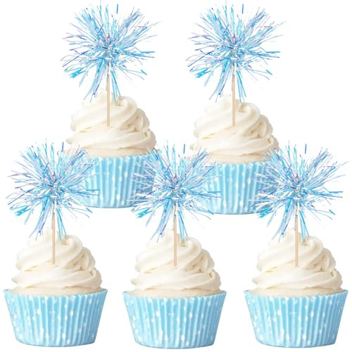 Gleevio 40 Stück Happy Birthday Tortendeko Blau,Feuerwerk Cupcake Topper,Glitzer Tortendeko Geburtstag Junge,Feuerwerk Kuchen Deko,Happy Birthday Muffin Deko für Geburtstag Weihnachten Neujahr