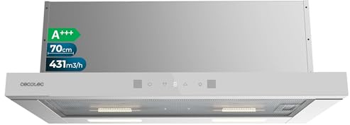 Cecotec Hotte Aspirante 70cm Télescopique Bolero Flux TLT 704400 Glass White A+++. Aspiration 431,2m³/h, Basse Consommation, Moteur DC, Contrôle de Mouvement et Tactile, Verre Frontal Blanc, Inox