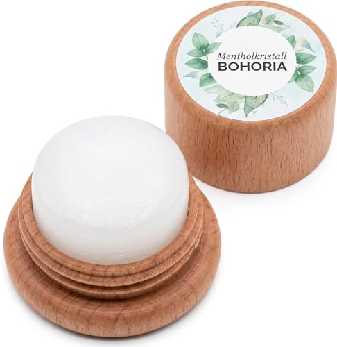 BOHORIA Mentol piedra natural para migraña – 7 g en tarro de madera – Cristal de mentol refrescante para frente y cuello para masaje y spa – mentol de cristal puro (L-mentol) (1 unidad)