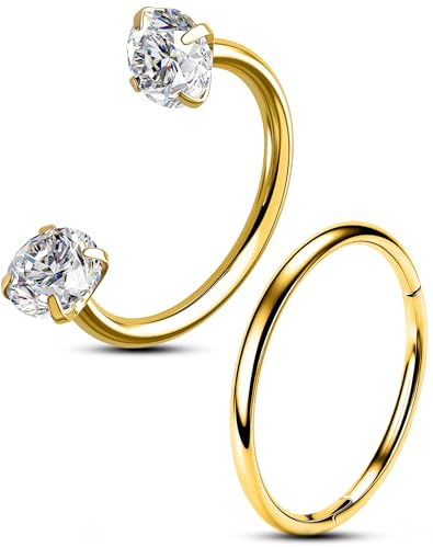 OUFER 2pcs 20G Gold Nasenringe, Hufeisen-Nasenring mit Innengewinde aus 316L Chirurgenstahl mit Zirkonia-Steinen, Segment-Clicker-Piercing für Helix, Daith, Rook Lippenpiercing für Damen 8 mm/7 mm