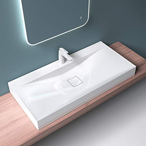 Mai & Mai Waschbecken Hängewaschbecken Aufsatzwaschbecken Mineralguss Weiß 1 Armaturenloch Rechteckig Breite: 100 cm Col810