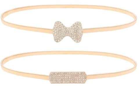 kilofly 2pc Women's Gold Metal Rhinestone Thin Stretch Skinny Belt Waistbands