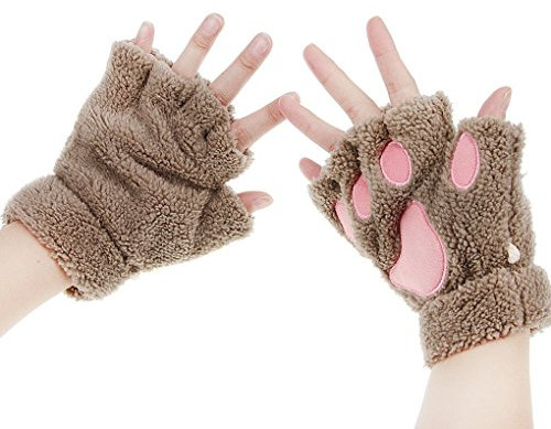 MAKFORT Fingerlose Handschuhe Winter Katze Plüsch Handschuh Khaki