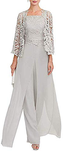Snow Lotus Damen Lange Drei Stücke Chiffon Mutter der Braut Kleid mit Spitze 3/4 Arm Formale Hosen Ballkleid, Silbergrau, 52