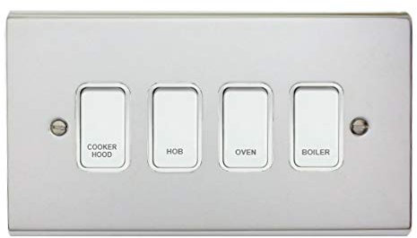 Deta Polished Chrome 4 Gang Customised Kitchen Grid Switch Panel with White Switches - 4 Way Mechanical Switches, Hinge Lever Actuator, ON-OFF Operation
