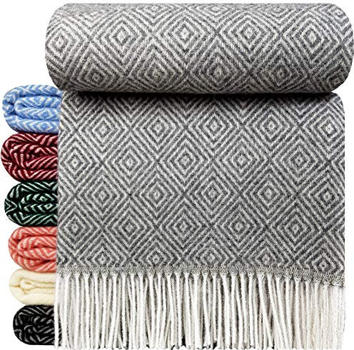 STTS International Wolldecke 100% Schurwolle Wohndecke 140 x 200 cm Tagesdecke Schurwolldecke Woll-Plaid Tirol in vielen Farben erhältlich (Grau-Hellgrau)