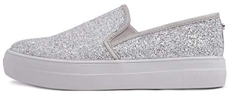 Feversole Women's Fashion Slip-On Trainer Casual Flat Loafers Skater Pumps Trainers Sneakers Shoes Shining Ice Silver Glitter Size 6.5