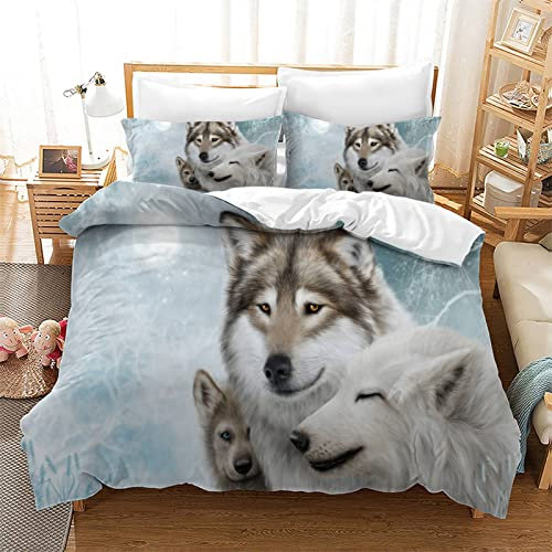 CXYXHW Bettwäsche-Set Wolf 3D Tier Serie Print Musterdesign mit Reißverschluss,Motiv Wolf dreiteiliger Bettbezug Set Microfaser (135x200cm) (E, 135x200cm)