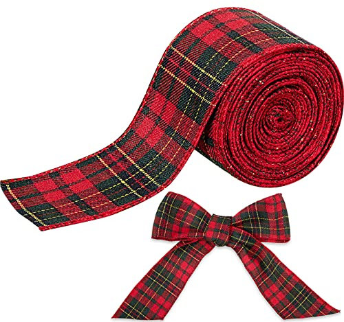 Rouleau de Ruban de Noël à Carreaux Buffalo à Bords Métalliques - Rouge et Vert - Pour Nœuds, Couronnes, Artisanat, Décoration d'Emballage de Cadeaux (6,3 cm)