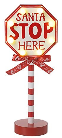 Light Up Candy Cane Santa Stop Here Sign Table Top Decoration or Centerpiece