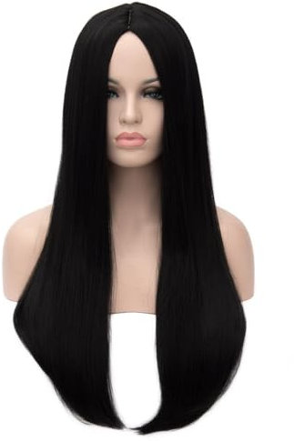PORSMEER Damen Schwarz Lang Glatt Perücken für Frauen Mädchen Schwarze Gerade Mittelscheitel Perücke Hitzebeständiges Synthetisches Haar Wig für Täglich Party Kostüm 24 Zoll