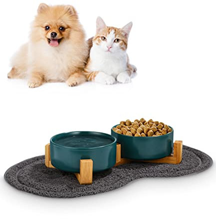 JOFLVA Gamelle Chat Sureleve 2x400ML Ceramique Bol AVCE Support Tapis Antidérapant pour Chien (Vert