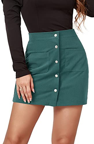FEOYA Women's Bodycon Mini Skirt Short Corduroy Skirts Skinny High Waisted Skirt Slim Fit Button Up Hip Skirt with Two Pockets Autumn Fall Winter Warm Solid Color Plain Cotton Stretch Green S