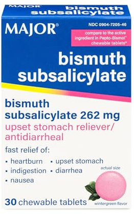 MAJOR Bismuth Subsalicylate 262 mg Chewables - Offers Heartburn, Indigestion, Nausea, Diarrhea, and Upset Stomach Relief - Anti-diarrheal - 30 Chewable Tablets (1 Pack)