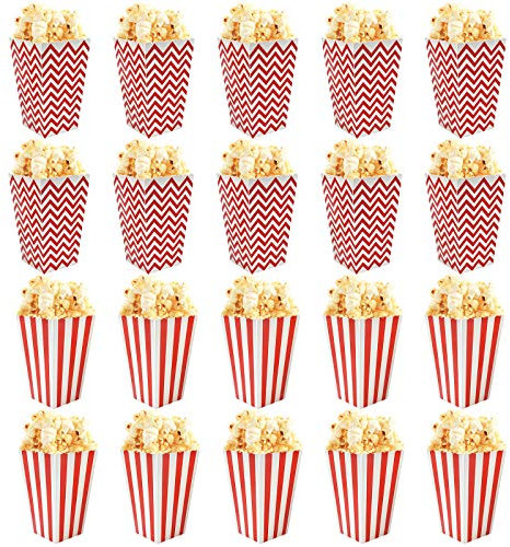 Joyan Popcorn Boîtes 20 pièces Boite Pop Corn Carré petit Motif Ondulé Décoratif Motif à Rayures Boites anniversaires pour Collations de Fête, Bonbons Conteneur Sacs de fête Rouges et Blanches