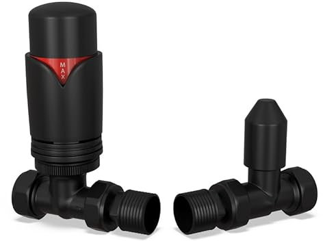 UK Radiators Black Thermostatic Radiator Valve and Straight Lockshield Valve - Matt Black Finish - Classy and Modern Design 1/2 x 15mm Straight Radiator Valve