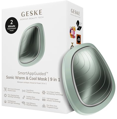 GESKE | SmartAppGuided™ Sonic Warm & Cool Mask | 9 in 1 | Beauty LED-Gesichtsmaske | Voll-LED-Spektrum und Rotlichttherapie | Wärme | Kühlung | Erhöhte Gesichtspflege-Aufnahme | Gesichtsmassagegerät | SmartAppGuided™ | Gesichtsmasken Set für Frauen & Männer | Anti Mitesser Feuchtigkeitsmaske | Face Skincare Masks