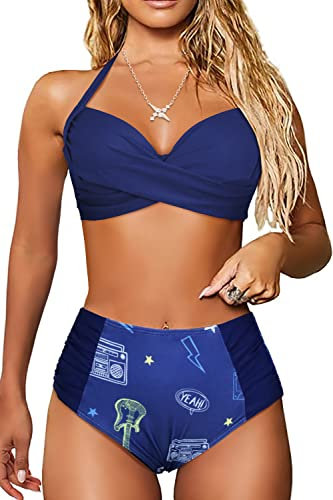 JFAN Costume da Bagno Donna Vita Alta Costumi Piscina Due Pezzi Imbottito Push Up Beachwear Reggiseno Bikini Donna Mare,Marina + stamparo M