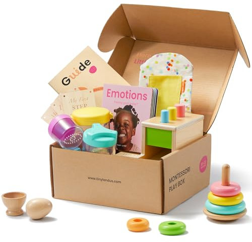 Tiny Land Montessori-Spielzeugset für Babys von 10-12 Monaten, Denker-Spielset – 5-in-1-Lernspielzeug aus Holz mit Steckkasten, Schaukel-Stapler, Eierbecher, Dosen-Set und Knisterbeutel
