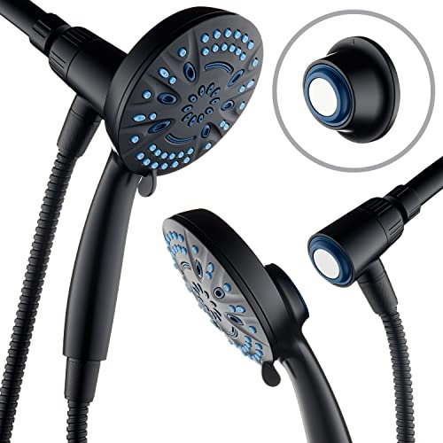 AquaCare Magneton High-Pressure 8-mode Handheld Shower Head with Magnetic Guidance Docking System - 2 Magnetic Brackets, 5 inch Face, Hygienic Jets, 6 ft. Stainless Steel Hose/Matte Black Finish