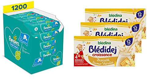 Pampers Lingettes Bébé Fresh Clean, 1200 Lingettes, Sans AlcoolParfum Rafraîchissant, & Blédina Blédidej Croissance, Céréales bébé Lactées Vanille, Dès 12 Mois, 250ml, 12 Briques