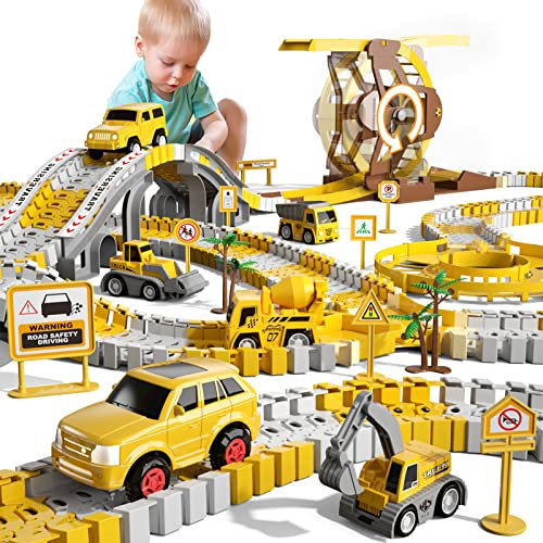 299 PCS Construction Race Tracks Boys Toys, 2 Electric Cars, 4 Engineering Cars and Flexible Race Track Playset Create an Engineering Road Gifts Toys for 3 4 5 6 Year Old Boys Girls Kids