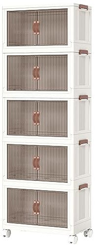 HOOBRO Wardrobe Storage Organiser, Stackable Storage Boxes with Doors, Foldable Plastic Storage Boxes with Wheels, 5 x 41.6L, Kitchen Storage Containers Organizer, for Living Room, White EWG542CW01