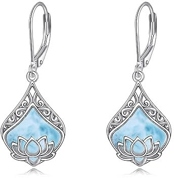 POPLYKE Lotus Blume Ohrringe 925 Sterling Silber Träne Larimar Dangle Ohrringe für Damen Lotus Schmuck Geschenke für sie