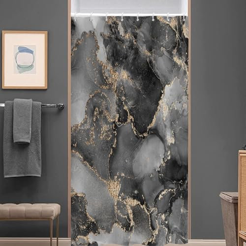 ASDCXZ Rideau de Douche Marbre 120x180 cm, Abstrait Moderne Noir Or Gris Aspect Marbre Texture Lavable Textile Rideau Douche imperméable pour Baignoire avec 8 Crochets