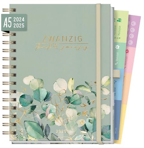 Häfft® Lieblings-Timer Deluxe Kalender 2024/2025 A5 Minty Leaves Juli 24 bis Dez 25 - Terminplaner, Spiralkalender, Terminkalender, Wochenplaner, Ringbuch Planner - nachhaltig & klimafreundlich