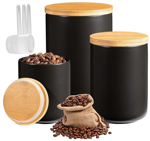 ZOFUN 3 tarros de cerámica con tapa, herméticos, 260/800/1000 ml, color negro, con cuchara, recipiente hermético para café, azúcar, té, cereales, harina