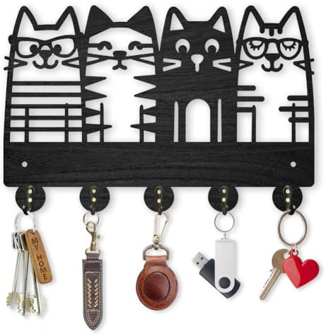 MAYJOYDIY Holz Katzen Kleiderhaken Wandhalterung Katze Brille Schlüsselhalter 30x20cm Schwarzes Haustier Wandkunst Dekor Schlüsselhaken 5 Haken Aus Legierung Für Eingangsbereich Wohnzimmer Küche
